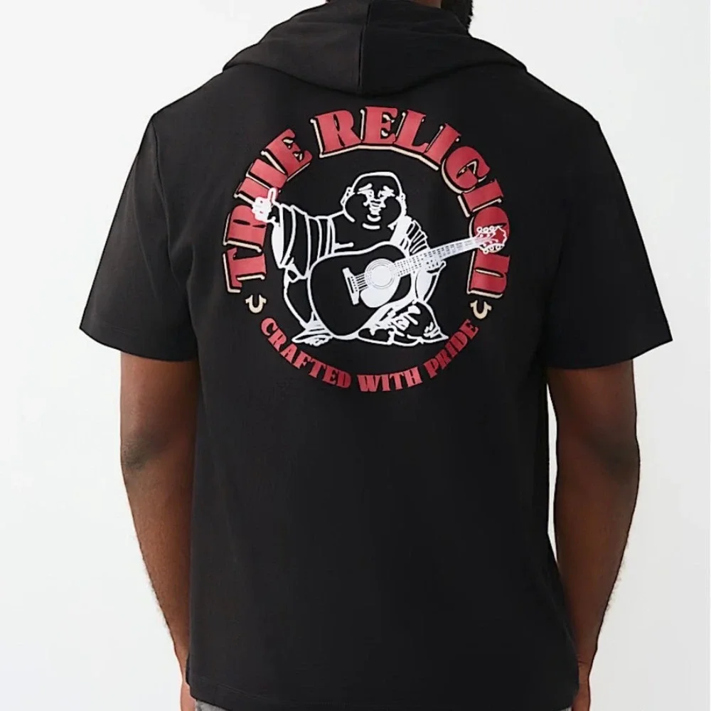 True Religion Mens Circular Hoodie Tee Black Short Sleeve Buddha Logo 701367 L